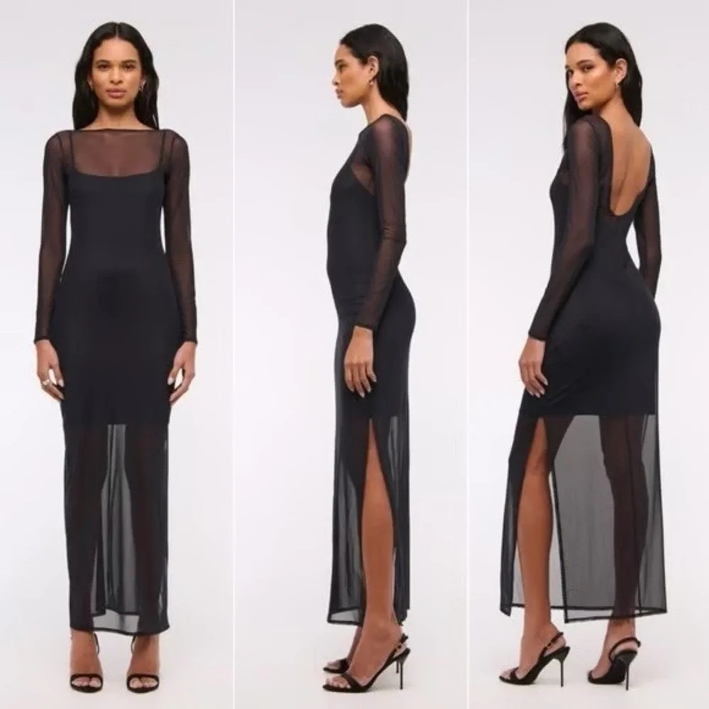 Abercrombie & Fitch‎ Long Sleeve Mesh Maxi Dress Sz S Sheer Open Back Slit Party